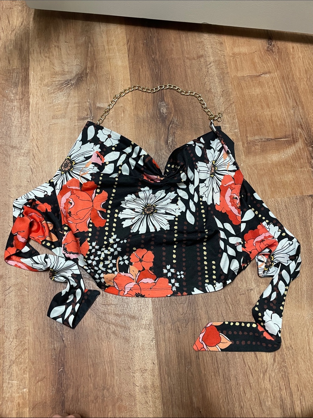 Beach Riot Black Floral Chain-Strap Camisole with Red & White Blooms